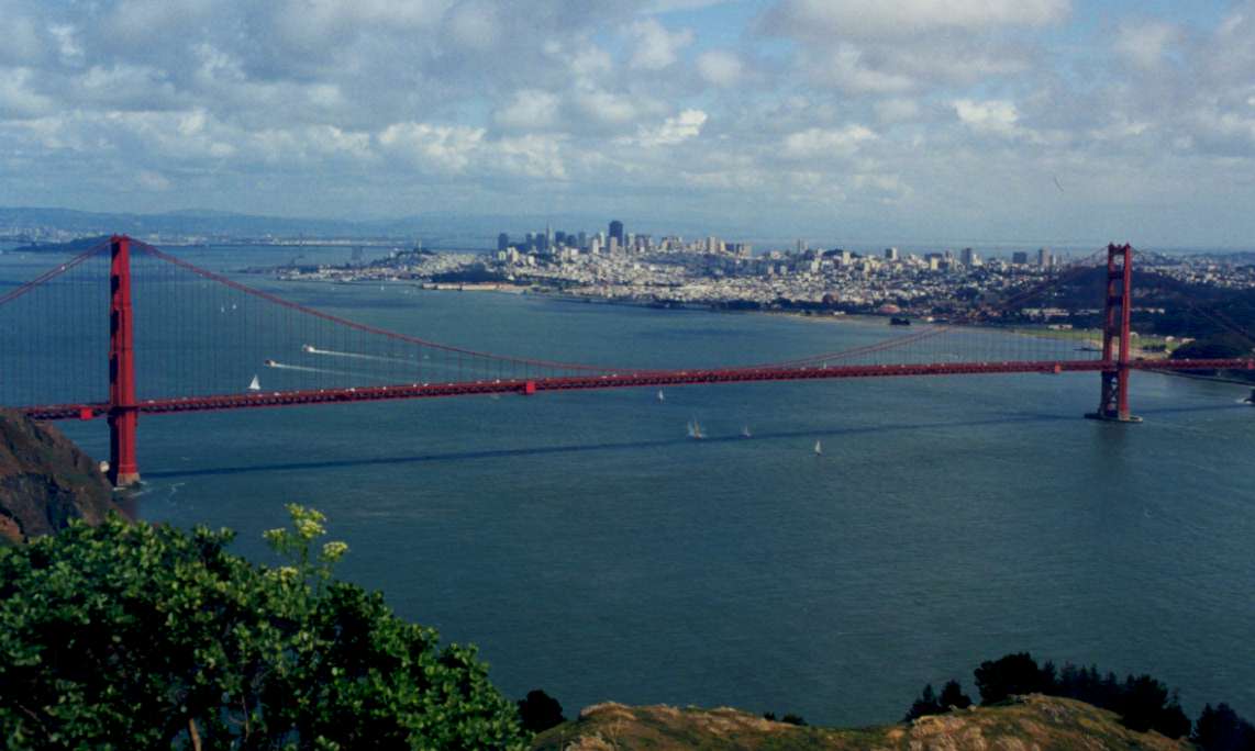 View of the city through the bridge from Marin headlands
