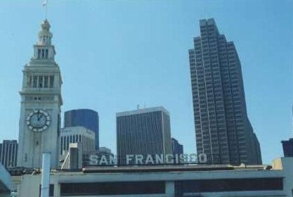 Arriving by ferry - Ferry Building and Embarcadero centre towers
