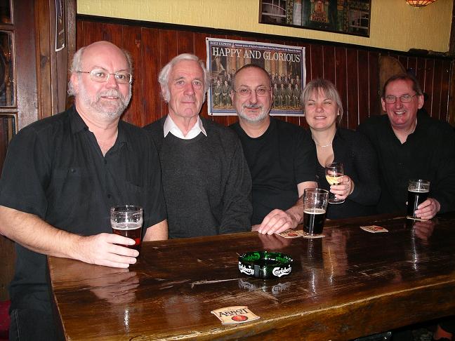 The band with Hugh at the Greyhound Inn, Sutton Stop