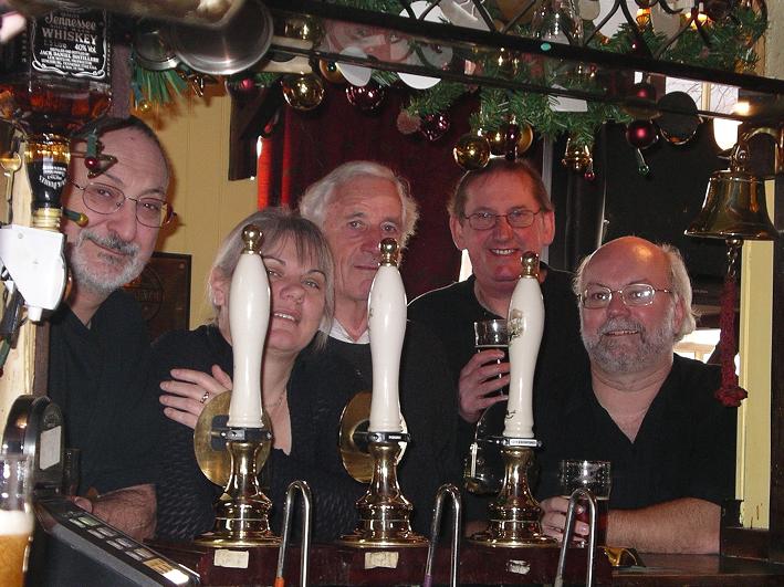 The band with Hugh at the Greyhound Inn, Sutton Stop