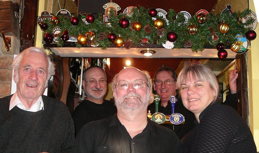 The band with Hugh at the Greyhound Inn, Sutton Stop