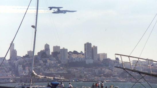 Low inverted pass shot from a boat in the bay