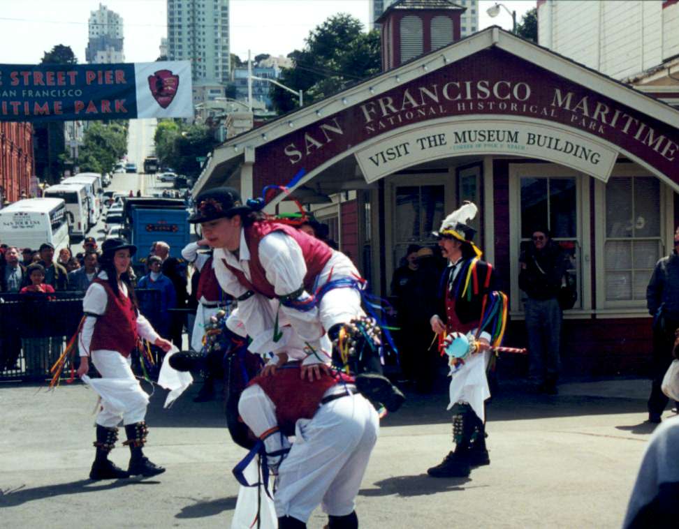 Berkeley doing that leapfrog thing at Hyde Street Pier, April 2001