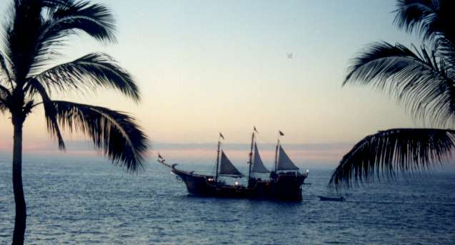 The 'pirate ship' tour boat at sunset
