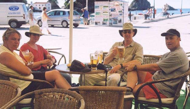 Another day, another taverna.. Lynne, Jools, Paul and Ade chill out in Parga