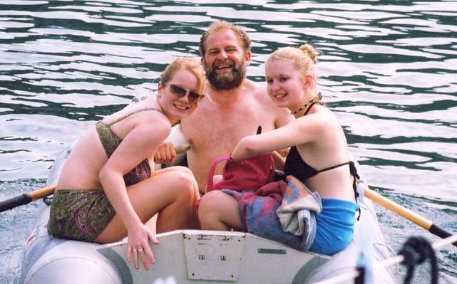 Naomi, Pete and Suzy brave the dinghy in Kioni harbour
