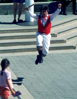 Martin dances the Fool's Jig for the last time in the US - Jack London Square Oakland, July 2001.