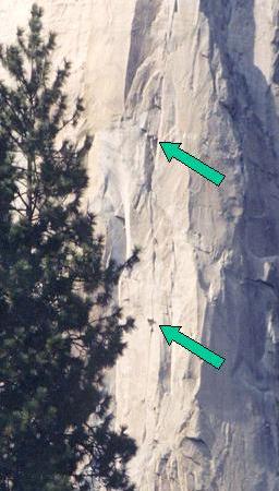 El Capitan looking up from the meadow - enlarged version of central pic with arrows showing rock climbers
